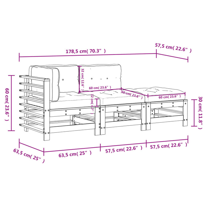 Set Mobilier De Grădină Cu Perne, 3 Piese, Alb, Lemn Masiv