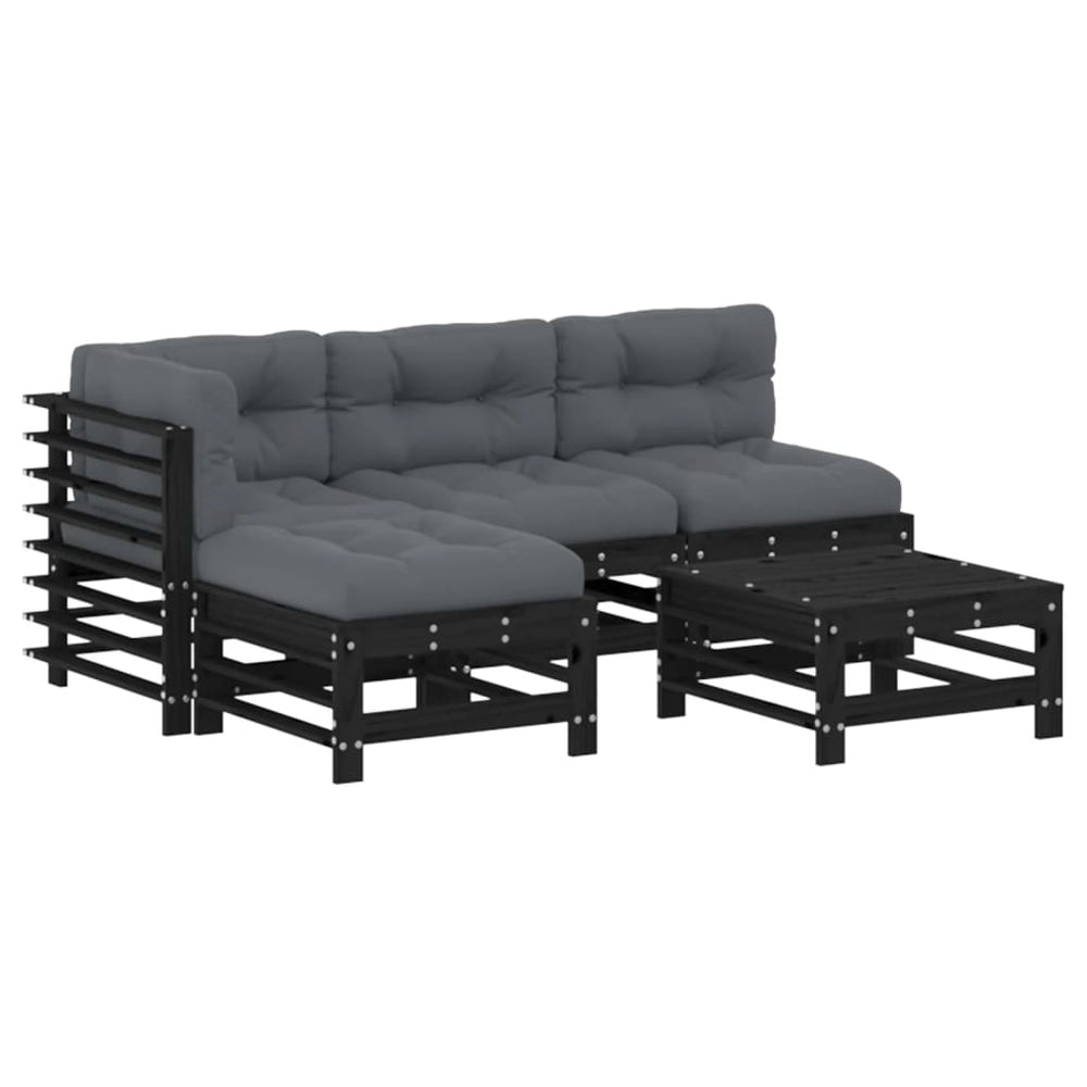Set Mobilier De Grădină Cu Perne, 5 Piese, Negru, Lemn Masiv
