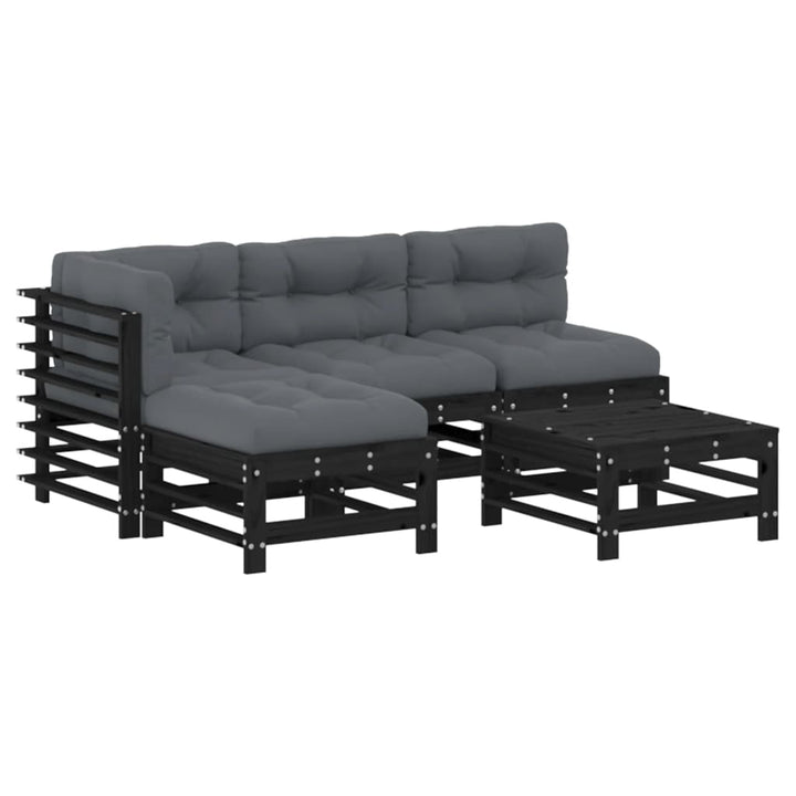 Set Mobilier De Grădină Cu Perne, 5 Piese, Negru, Lemn Masiv