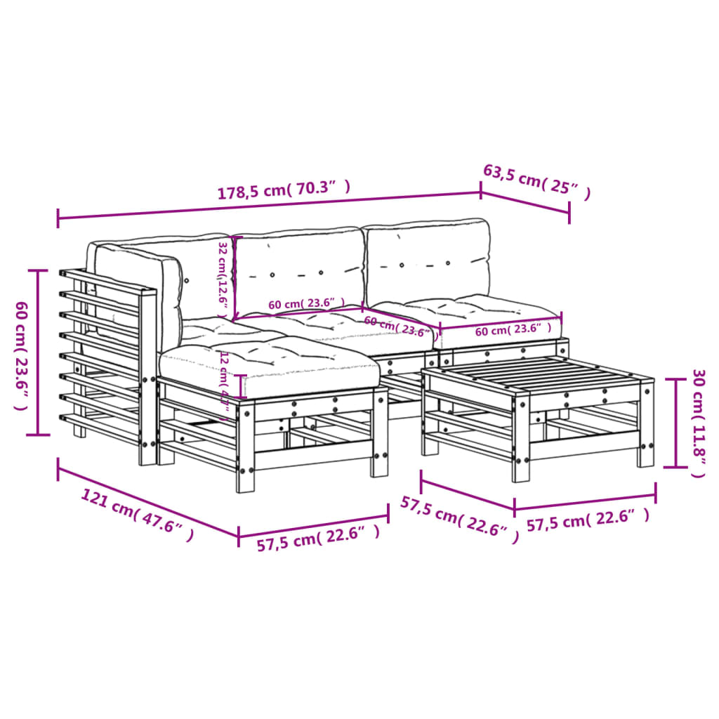 Set Mobilier De Grădină Cu Perne, 5 Piese, Negru, Lemn Masiv