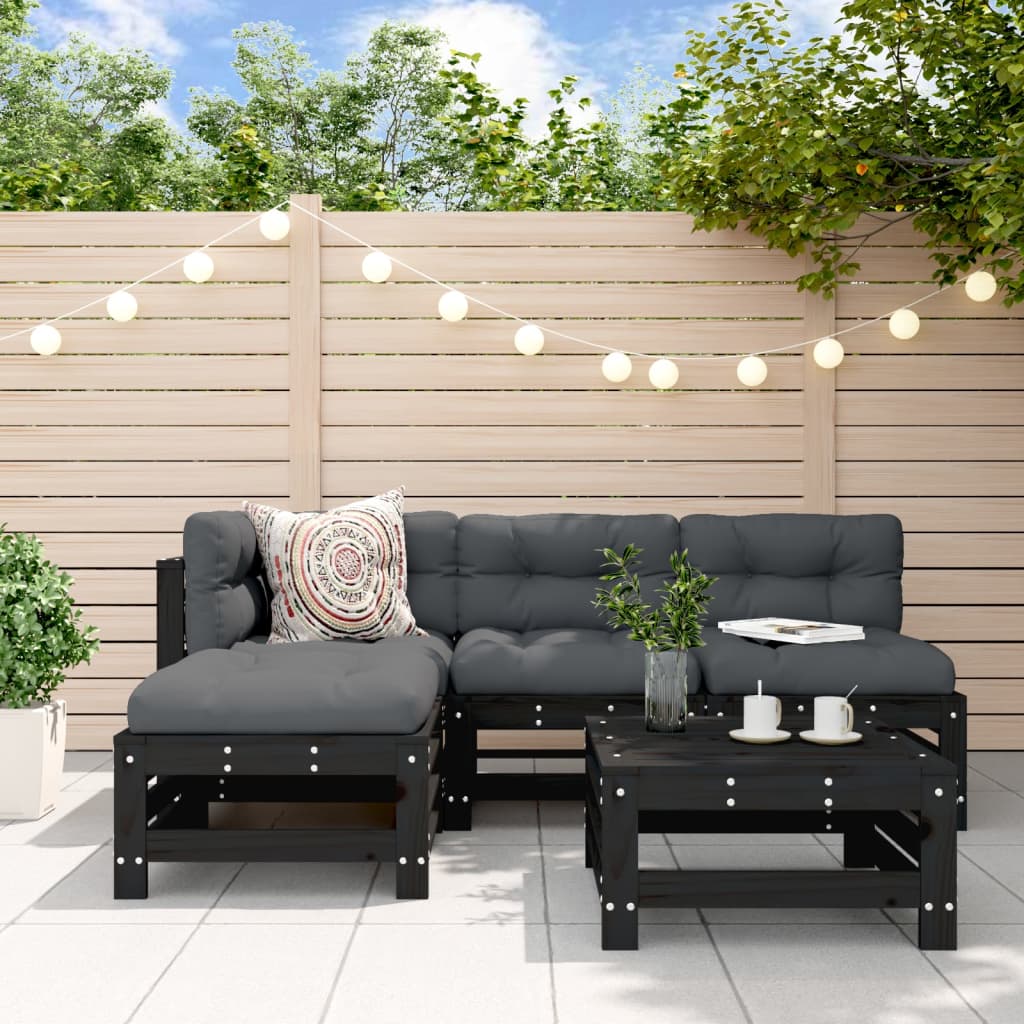 Set Mobilier De Grădină Cu Perne, 5 Piese, Negru, Lemn Masiv