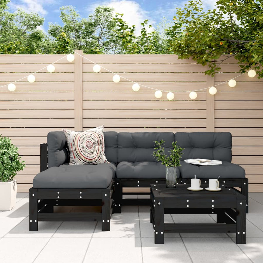 Set Mobilier De Grădină Cu Perne, 5 Piese, Negru, Lemn Masiv
