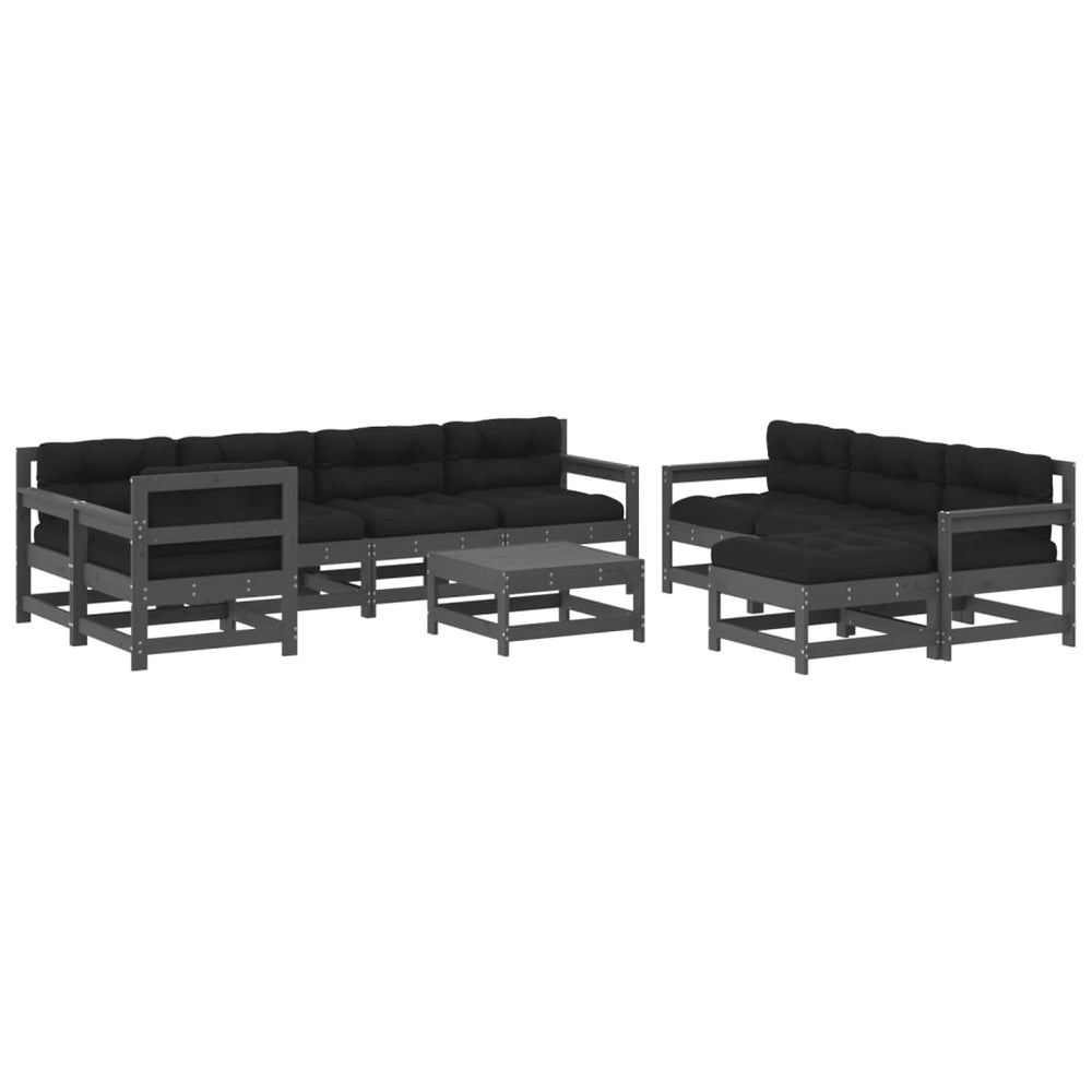 Set Mobilier Grădină Cu Perne, 10 Piese, Gri, Lemn Masiv