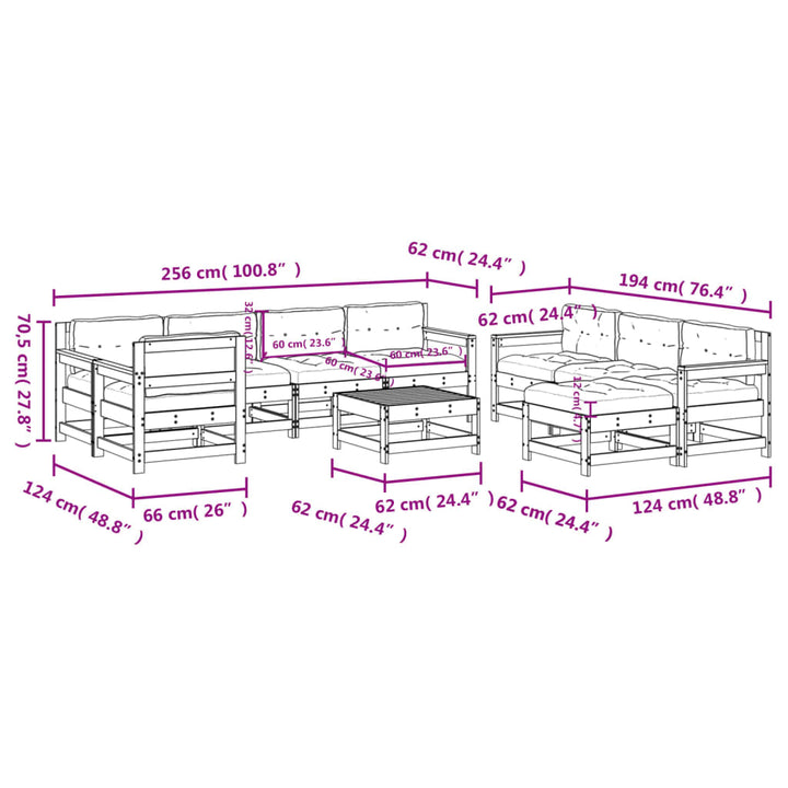 Set Mobilier Grădină Cu Perne, 10 Piese, Gri, Lemn Masiv