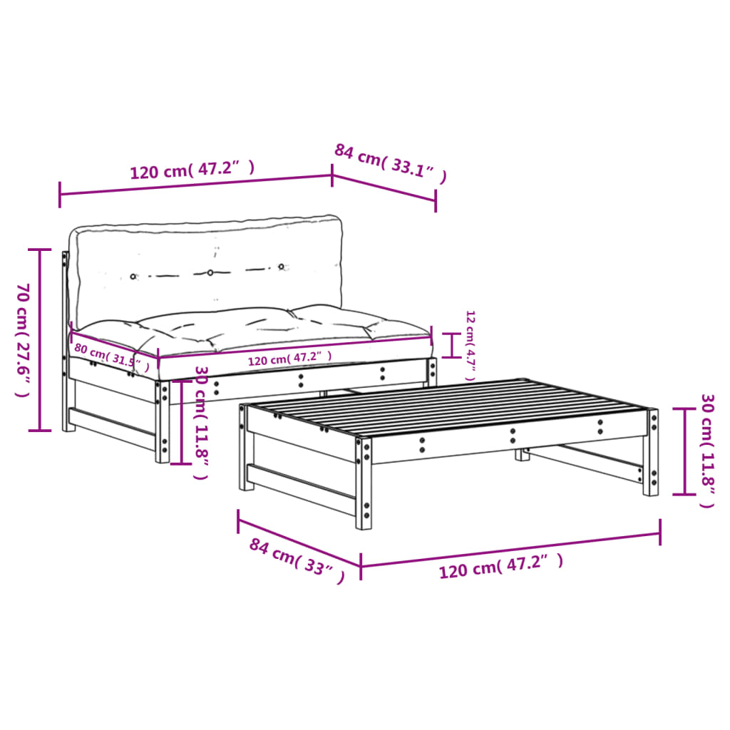 Set Mobilier De Grădină Cu Perne, 2 Piese, Lemn Masiv