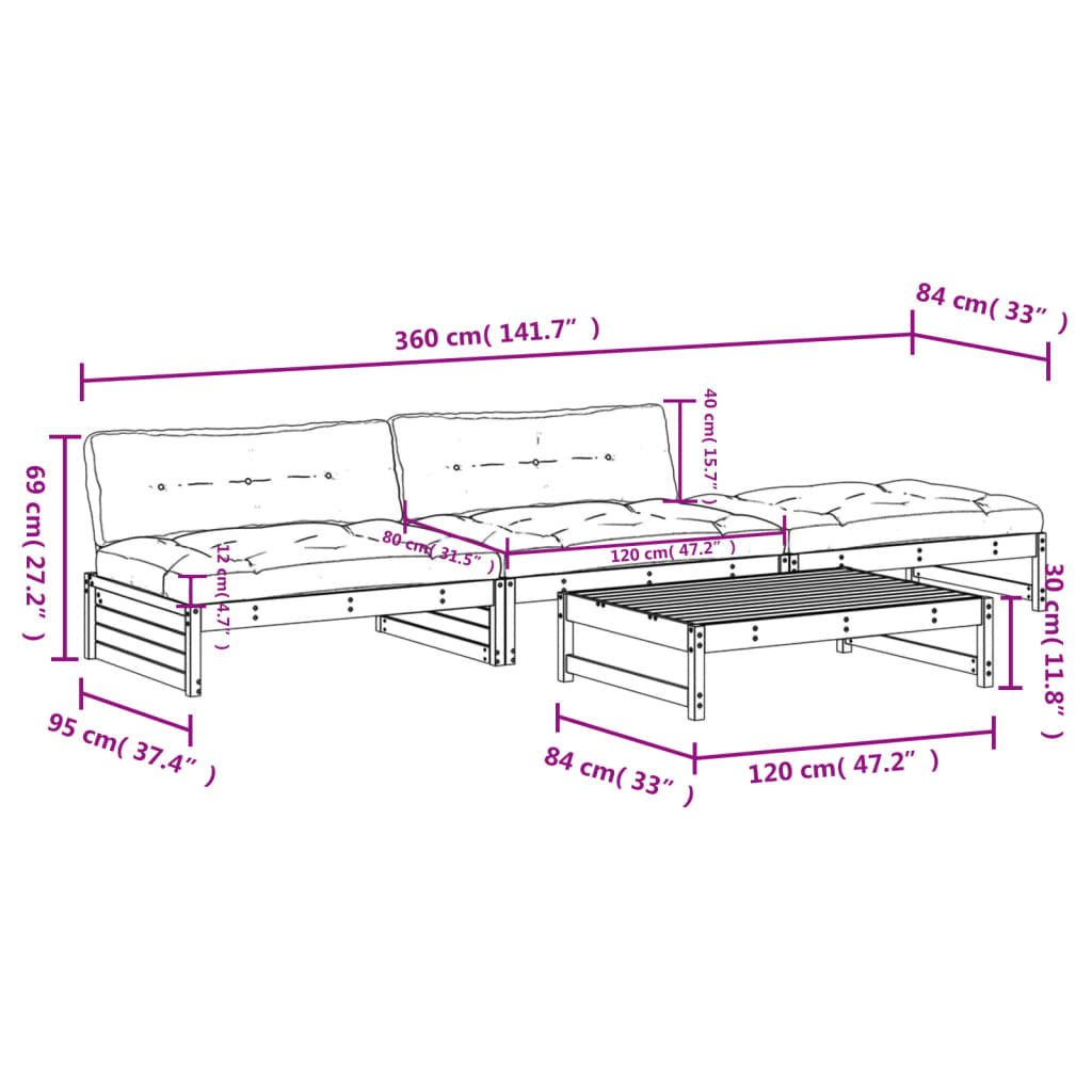 Set Mobilier De Grădină Cu Perne, 4 Piese, Lemn Masiv