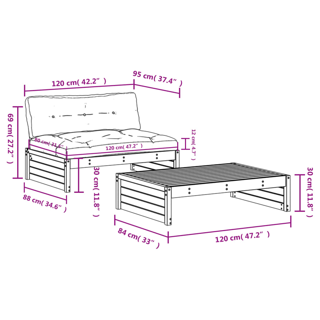 Set Mobilier De Grădină Cu Perne, 2 Piese, Lemn De Pin Tratat