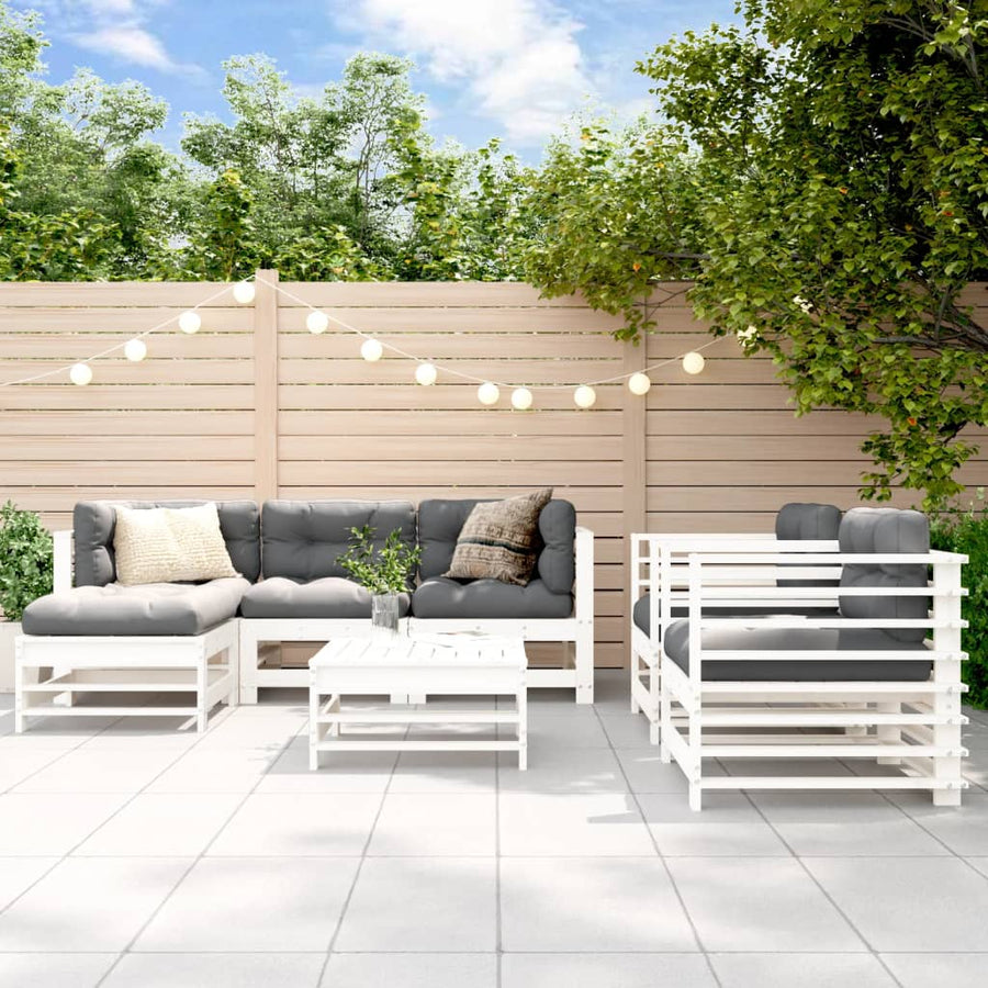 Set Mobilier De Grădină, 7 Piese, Alb, Lemn Masiv De Pin