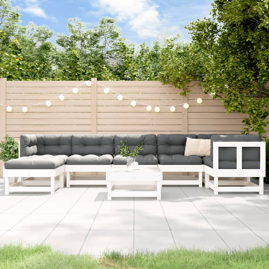 Set Mobilier Relaxare Grădină, 8 Piese, Alb, Lemn Masiv De Pin