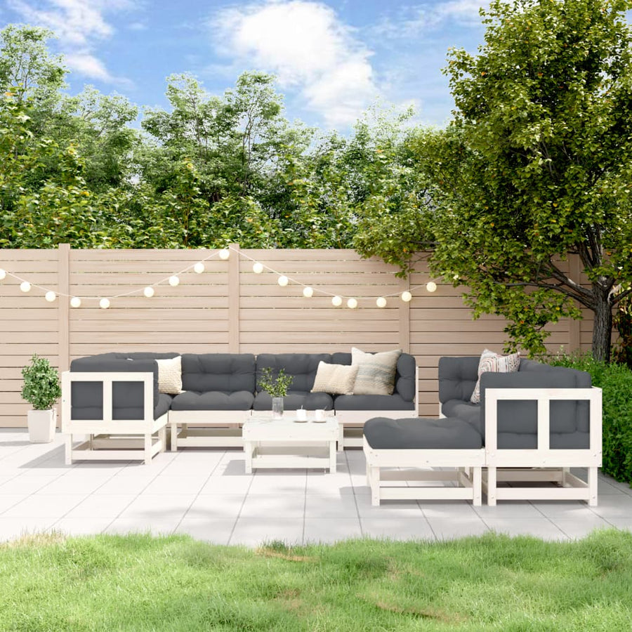 Set Mobilier Relexare Grădină, 10 Piese, Alb, Lemn Masiv De Pin