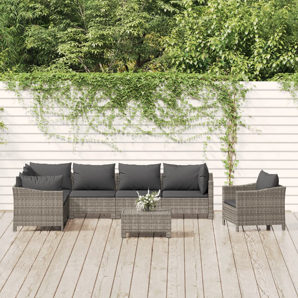 Set Mobilier De Grădină Cu Perne, 7 Piese, Gri, Poliratan