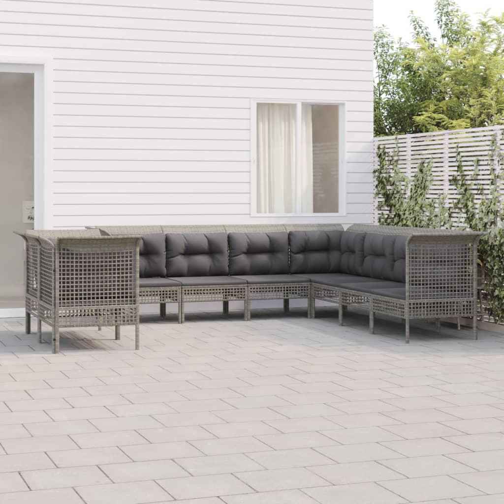 Set Mobilier De Grădină Cu Perne, 10 Piese, Gri, Poliratan
