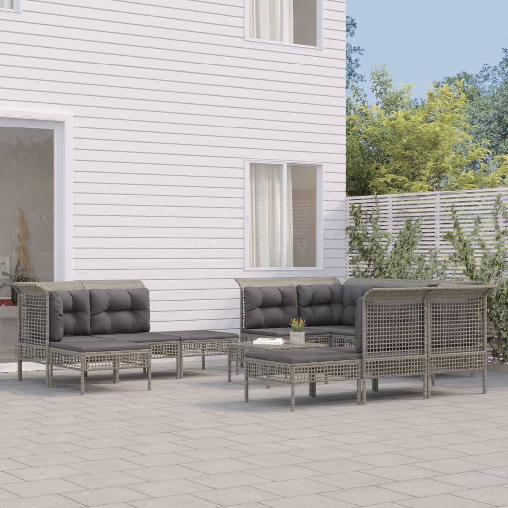 Set Mobilier De Grădină Cu Perne, 9 Piese, Gri, Poliratan