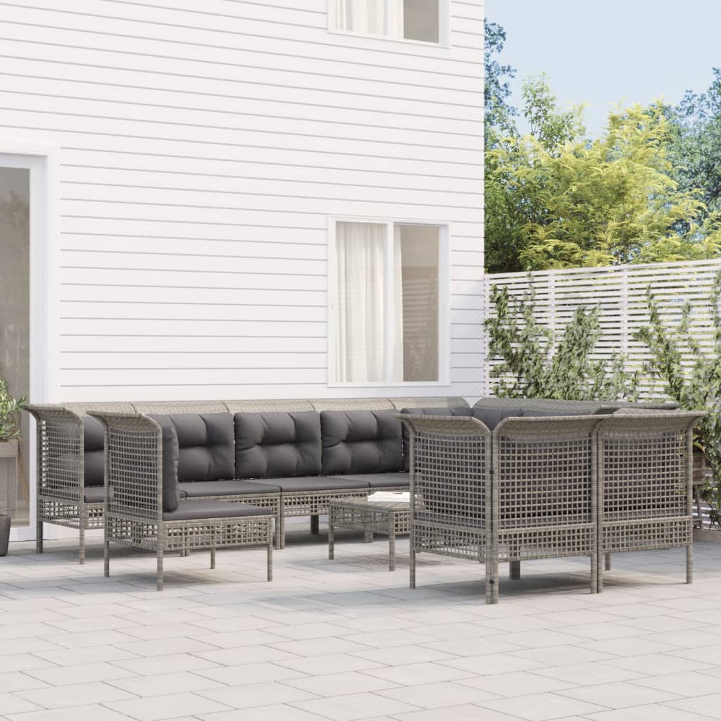 Set Mobilier De Grădină Cu Perne, 9 Piese, Gri, Poliratan