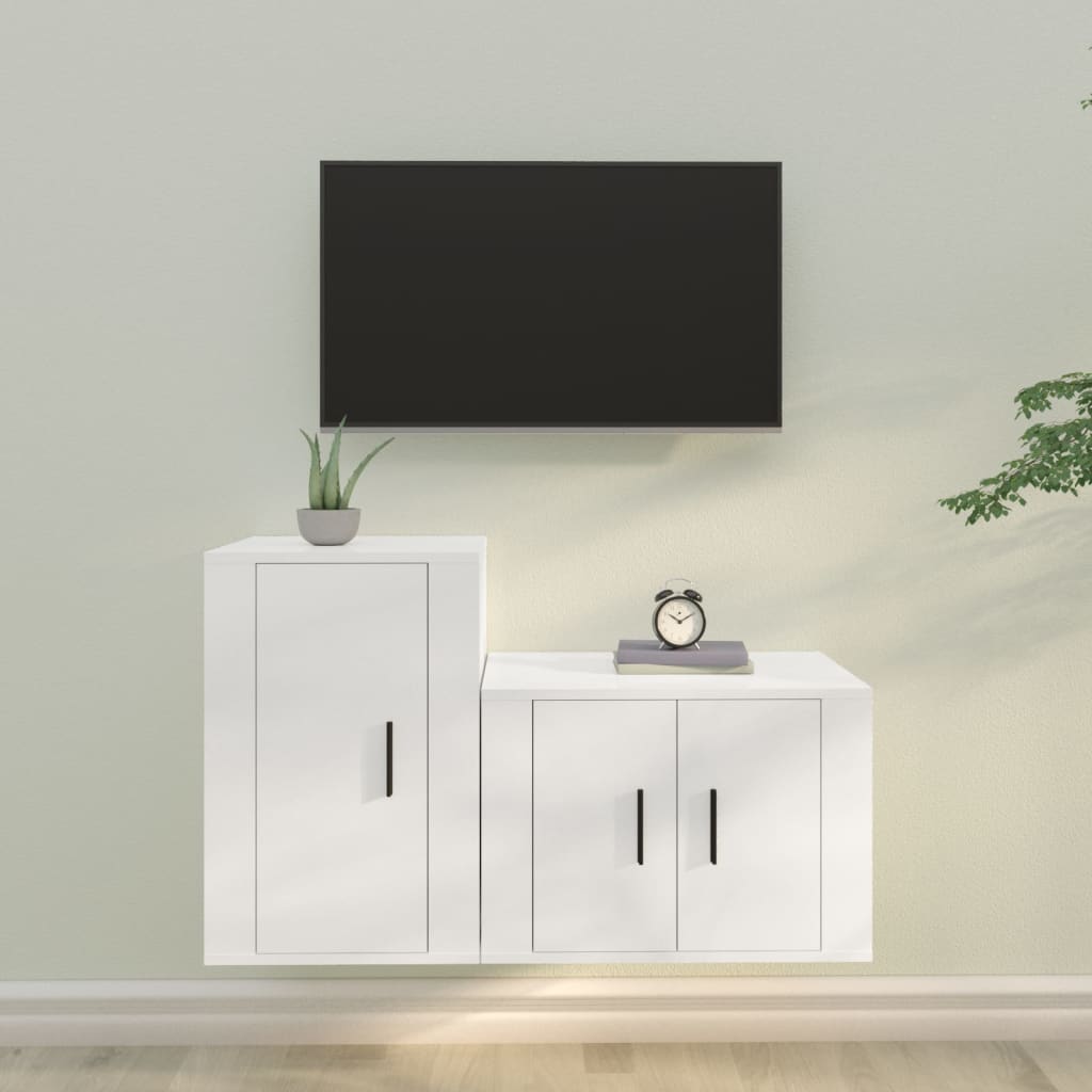 Set Dulap Tv, 2 Piese, Alb Extralucios, Lemn Prelucrat
