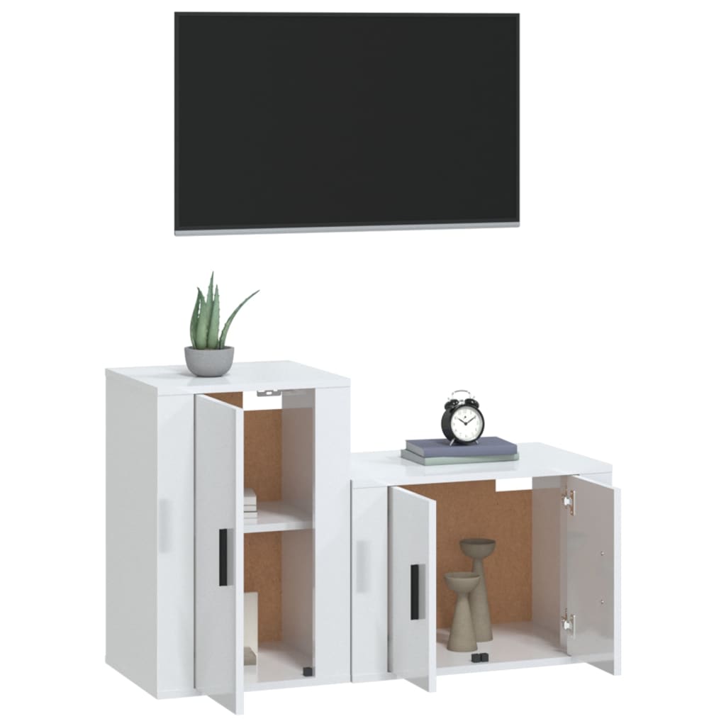 Set Dulap Tv, 2 Piese, Alb Extralucios, Lemn Prelucrat