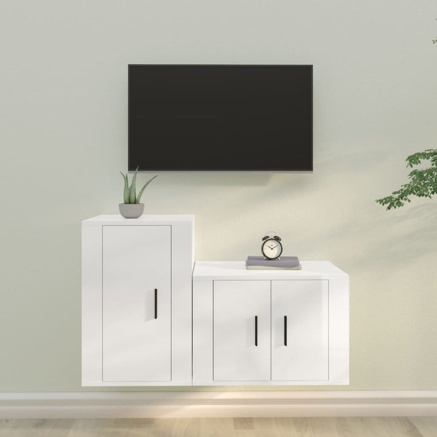 Set Dulap Tv, 2 Piese, Alb Extralucios, Lemn Prelucrat