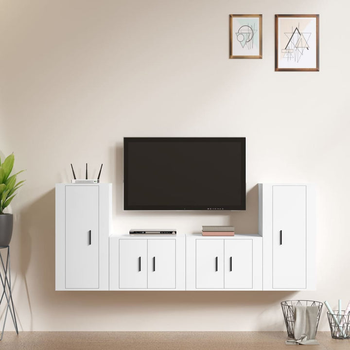 Set Dulap Tv, 4 Piese, Alb Extralucios, Lemn Prelucrat