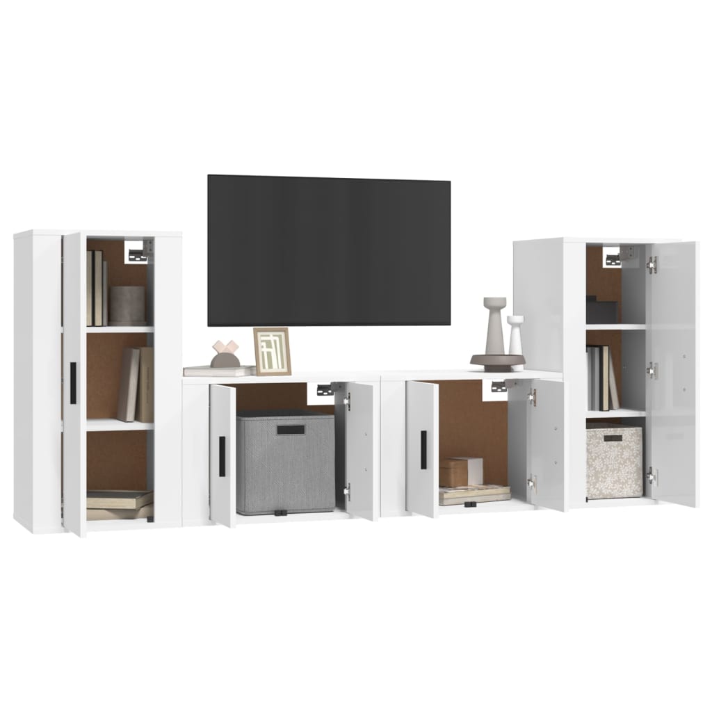 Set Dulap Tv, 4 Piese, Alb Extralucios, Lemn Prelucrat