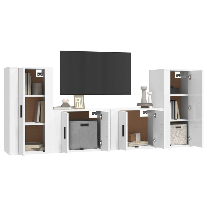 Set Dulap Tv, 4 Piese, Alb Extralucios, Lemn Prelucrat