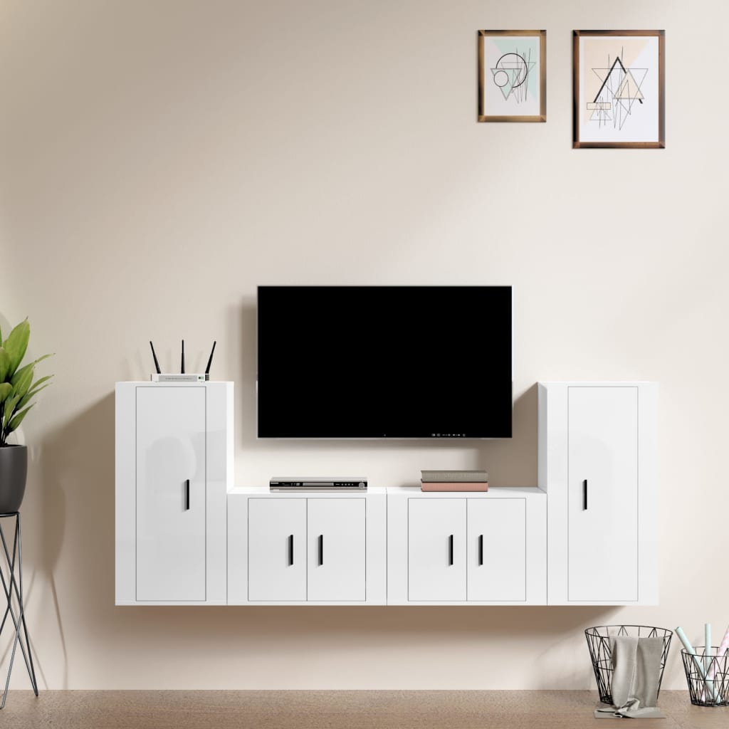 Set Dulap Tv, 4 Piese, Alb Extralucios, Lemn Prelucrat