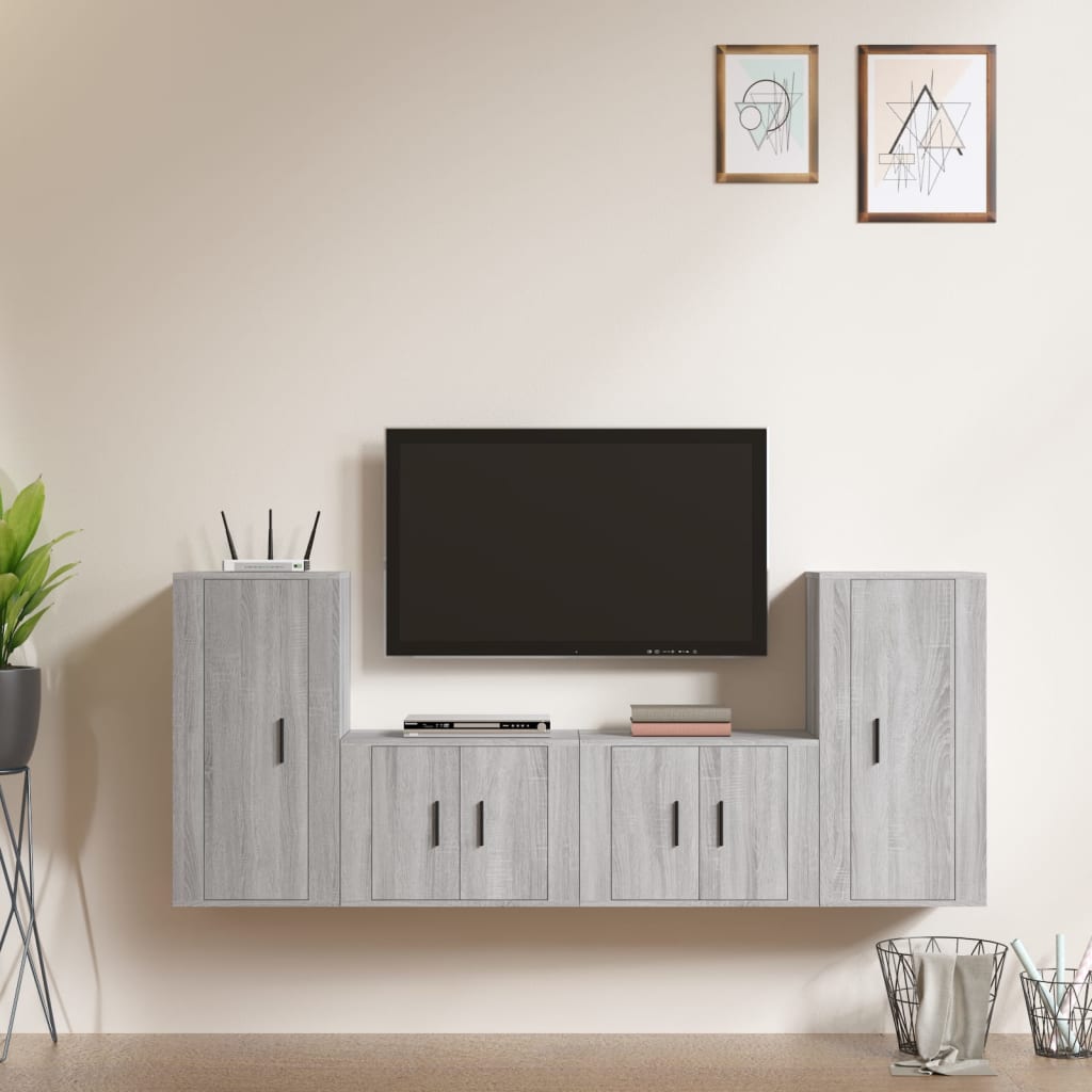 Set Dulap Tv, 4 Piese, Alb Extralucios, Lemn Prelucrat