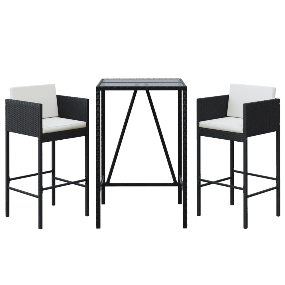 Set Mobilier Bar De Grădină Cu Perne, 3 Piese, Negru, Poliratan