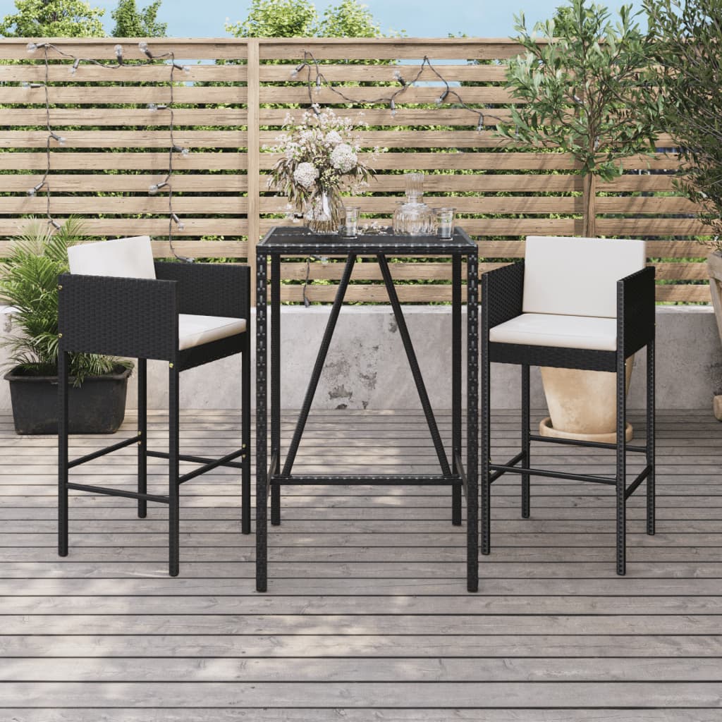 Set Mobilier Bar De Grădină Cu Perne, 3 Piese, Negru, Poliratan