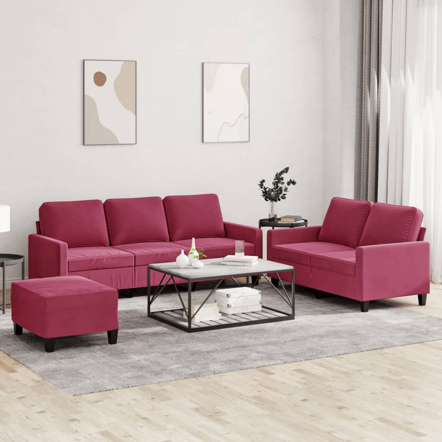 Set Canapea Cu Perne, 3 Piese, Roșu Vin, Catifea