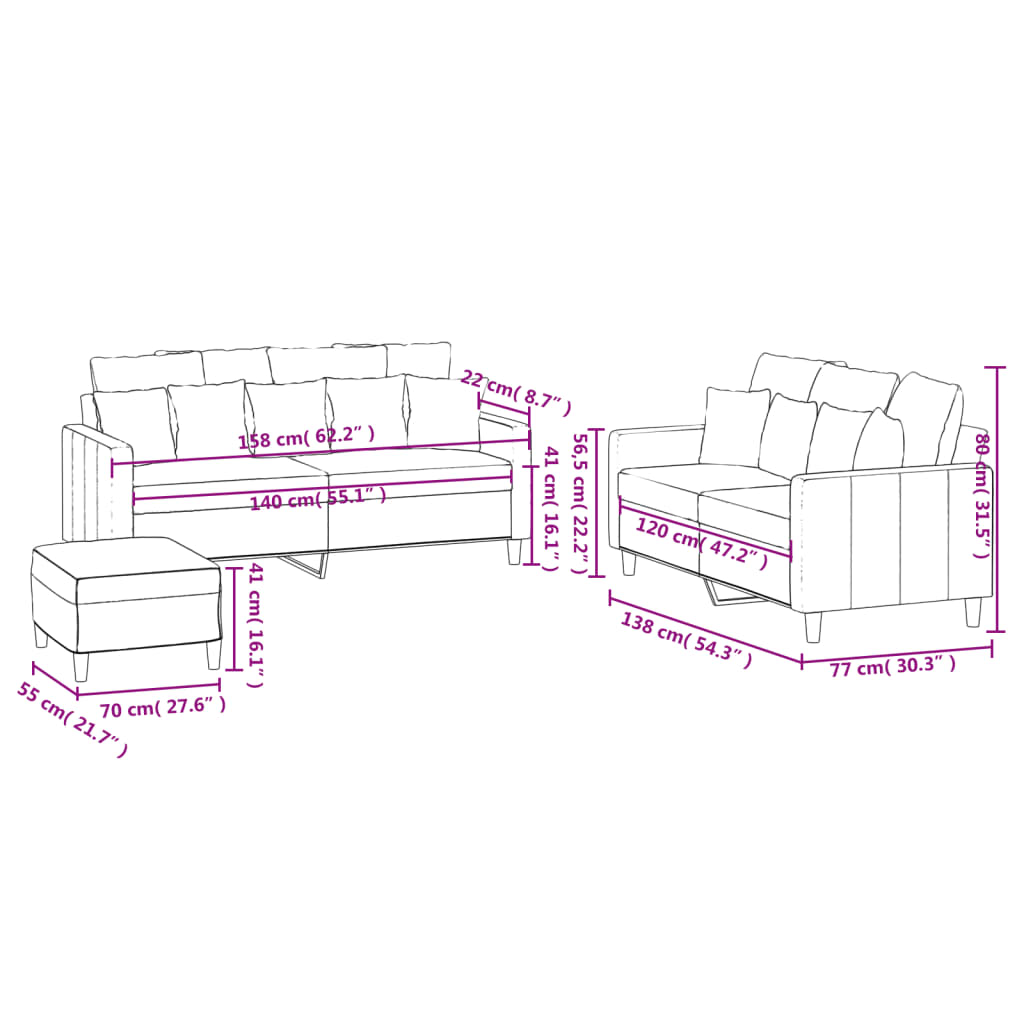 Set De Canapele Cu Perne, 3 Piese, , Catifea