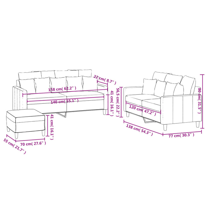 Set De Canapele Cu Perne, 3 Piese, , Catifea