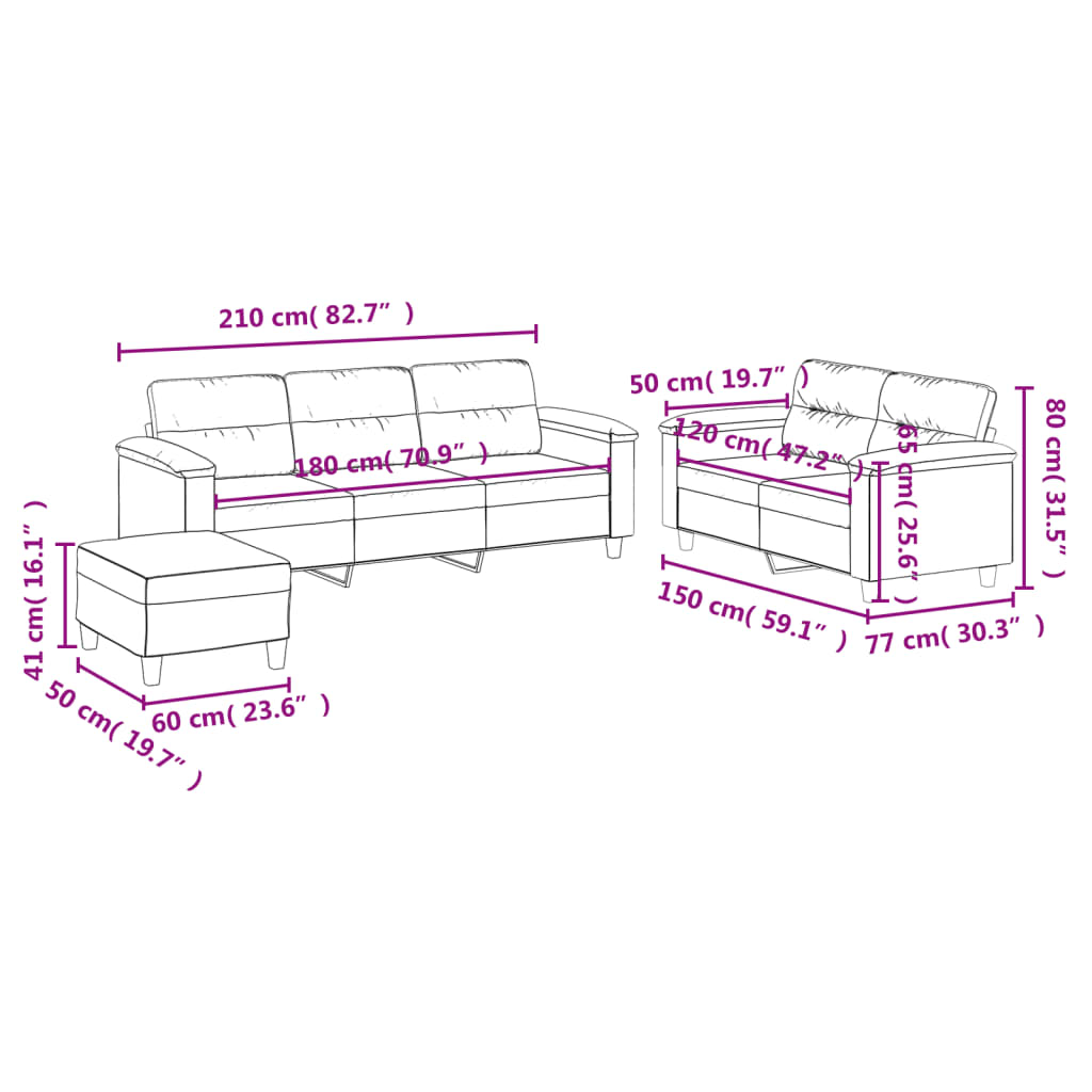 Set De Canapele Cu Perne, 3 Piese, , Microfibră