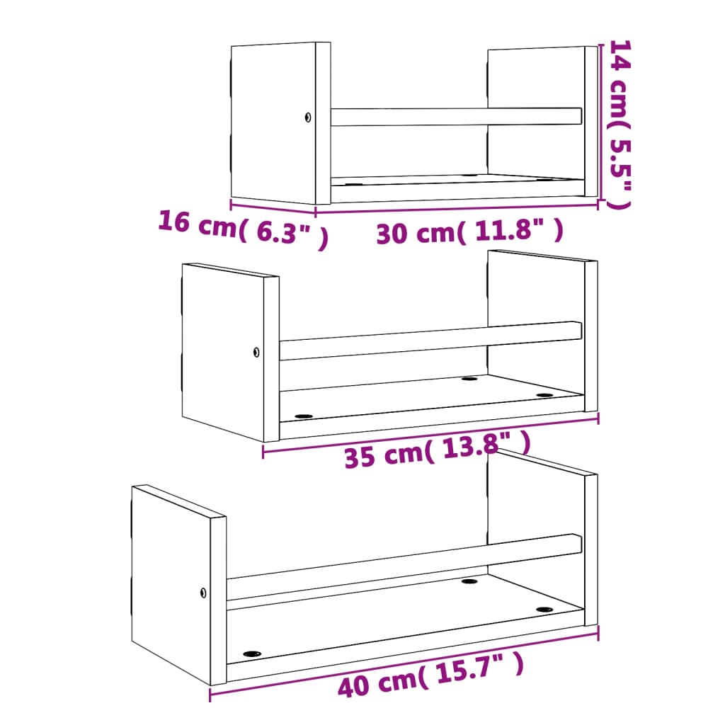 Set Rafturi Perete Cu Bare, 3 Buc, Lemn Prelucrat