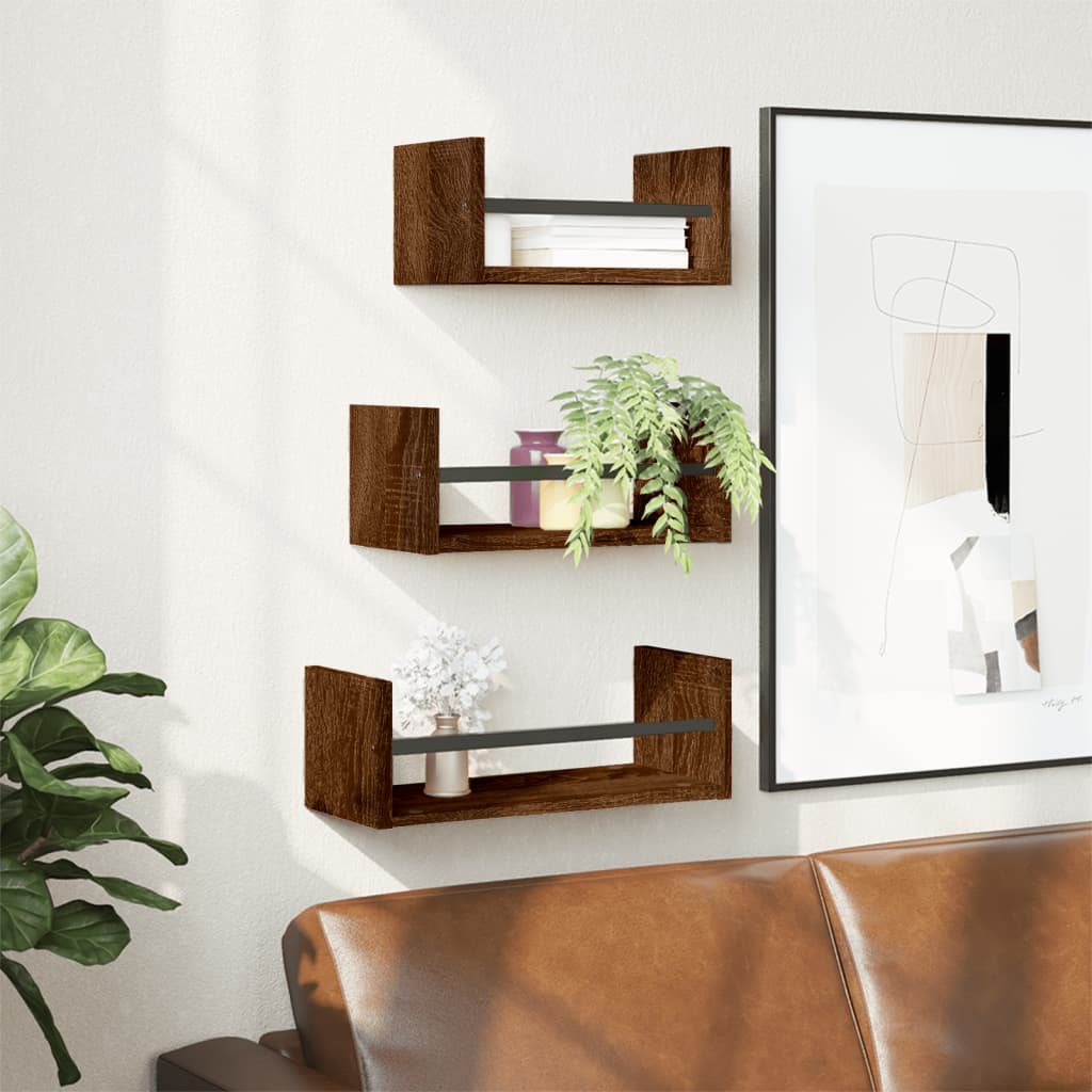 Set Rafturi Perete Cu Bare, 3 Buc, Lemn Prelucrat