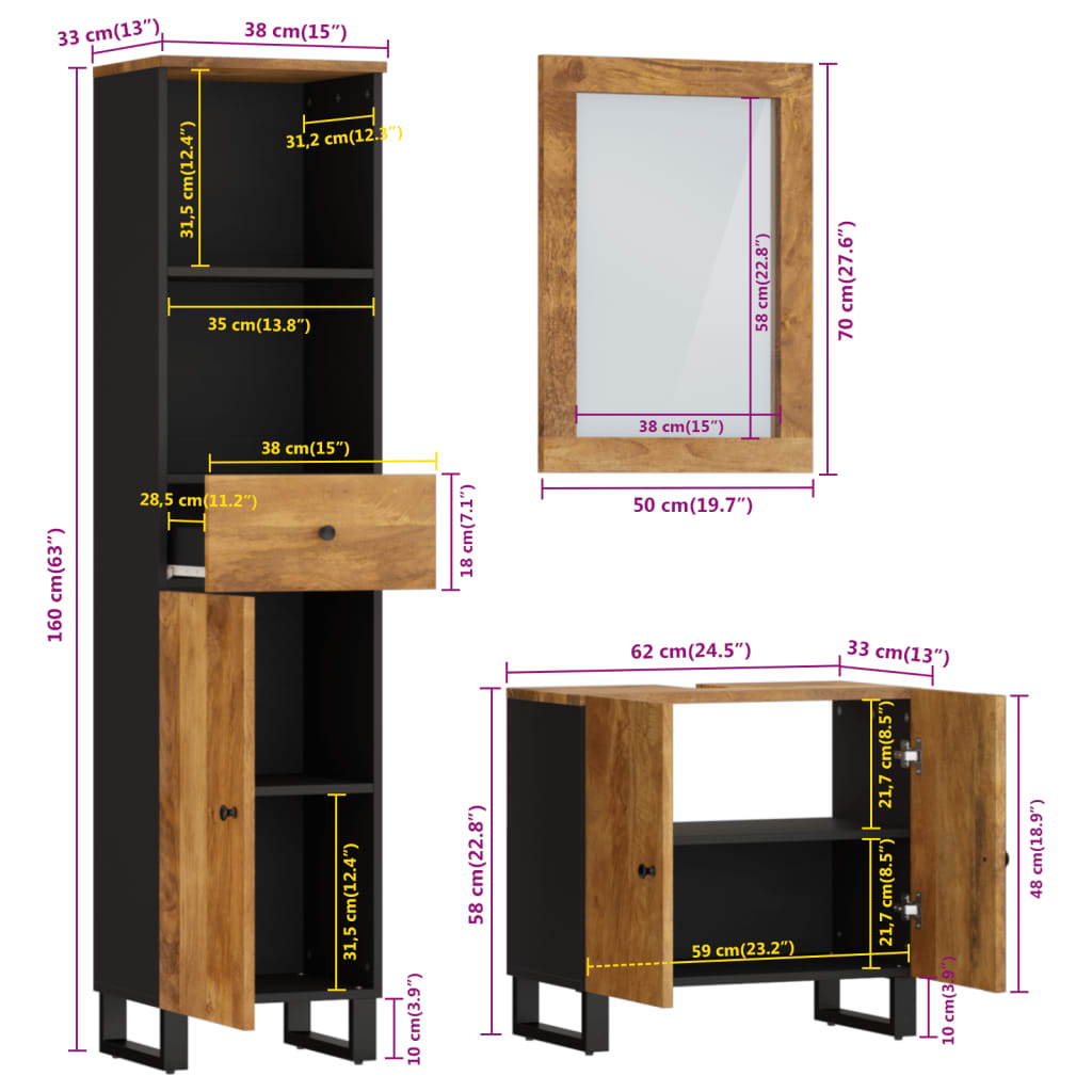 Set Mobilier De Baie, 3 Piese, Lemn Masiv De Mango