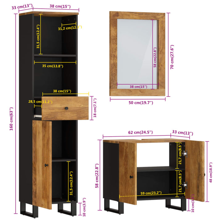 Set Mobilier De Baie, 3 Piese, Lemn Masiv De Mango