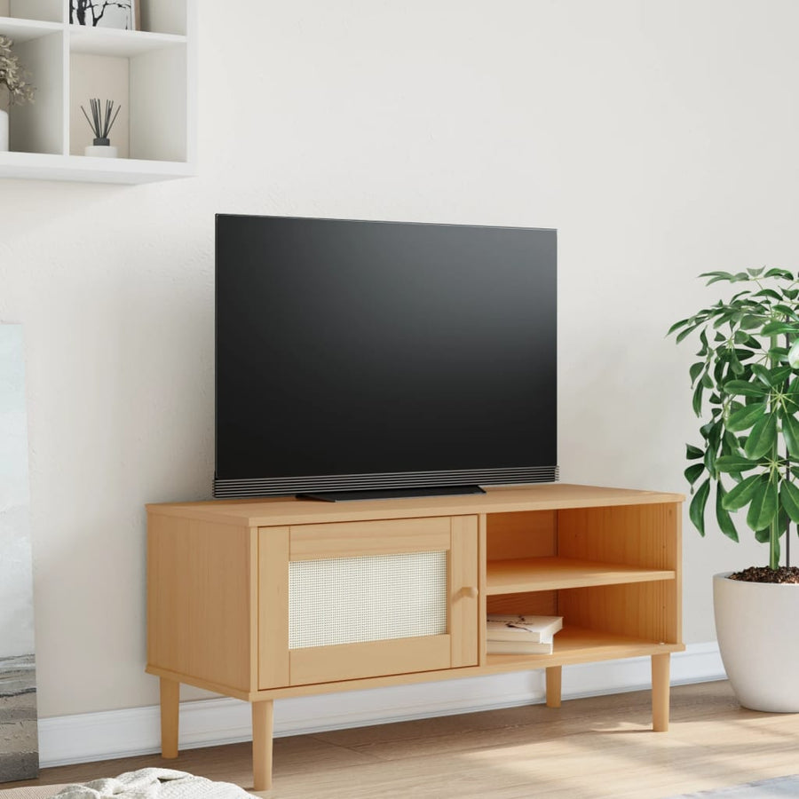 Comodă Tv Senja Aspect Ratan , 106X40X49 Cm, Lemn Masiv Pin