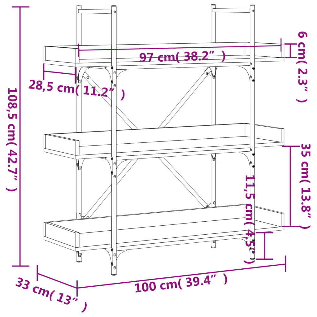 Bibliotecă 3 Niveluri Stejar Maro 100X33X108,5Cm Lemn Prelucrat