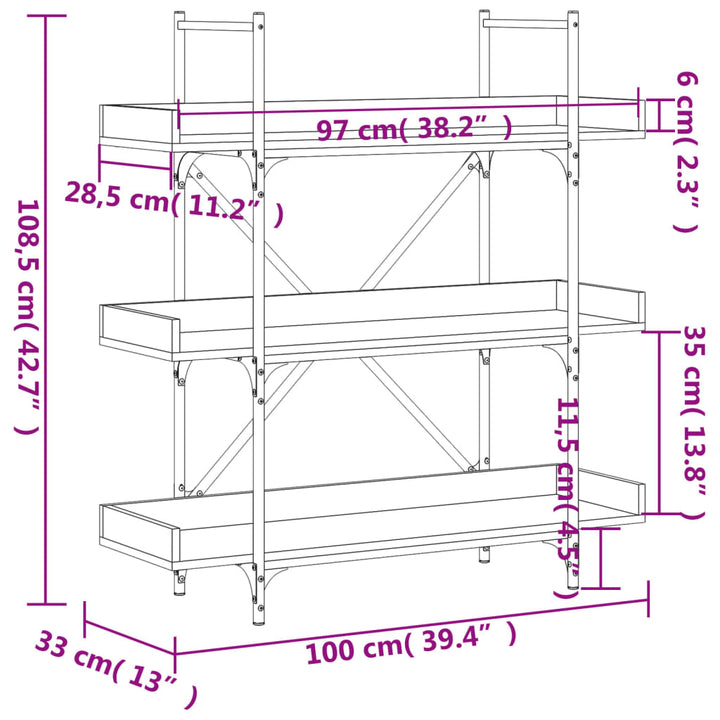 Bibliotecă 3 Niveluri Stejar Maro 100X33X108,5Cm Lemn Prelucrat