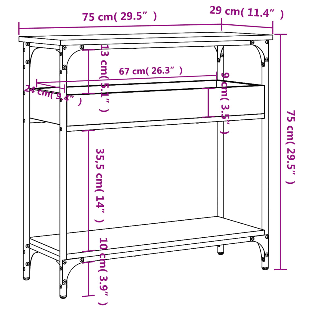 Măsuță Consolă Cu Raft Stejar Fumuriu 75X29X75Cm Lemn Prelucrat