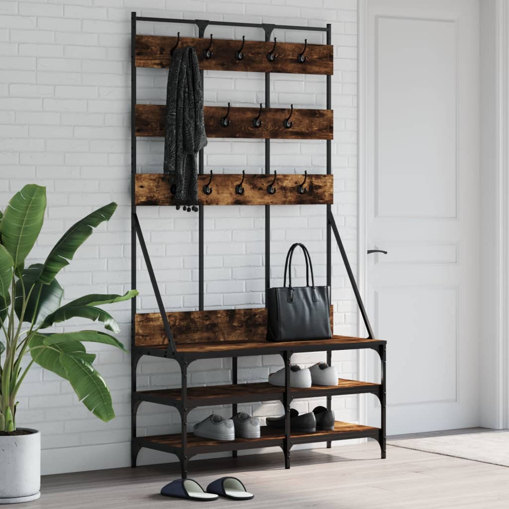Suport De Haine Cu Raft De Pantofi Stejar Fumuriu, 100X40X184Cm
