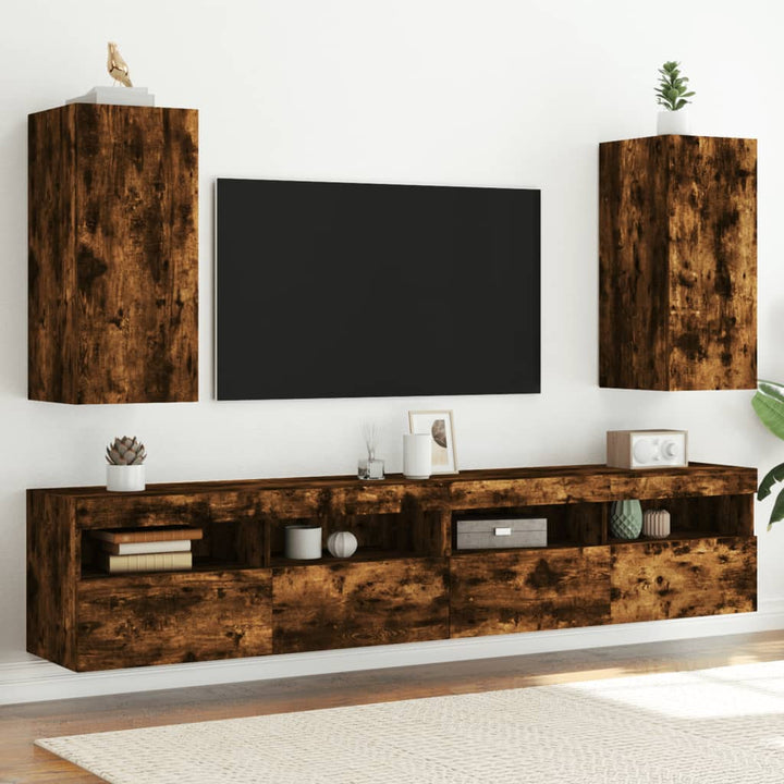 Comodă Tv De Perete Cu Led, 2 Buc. Stejar Fumuriu, 80X35X Stejar Afumat