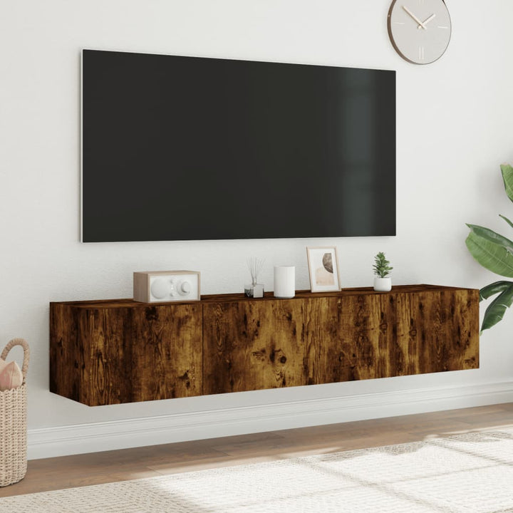 Comodă Tv De Perete Cu Led, 2 Buc. Stejar Fumuriu, 80X35X Stejar Afumat
