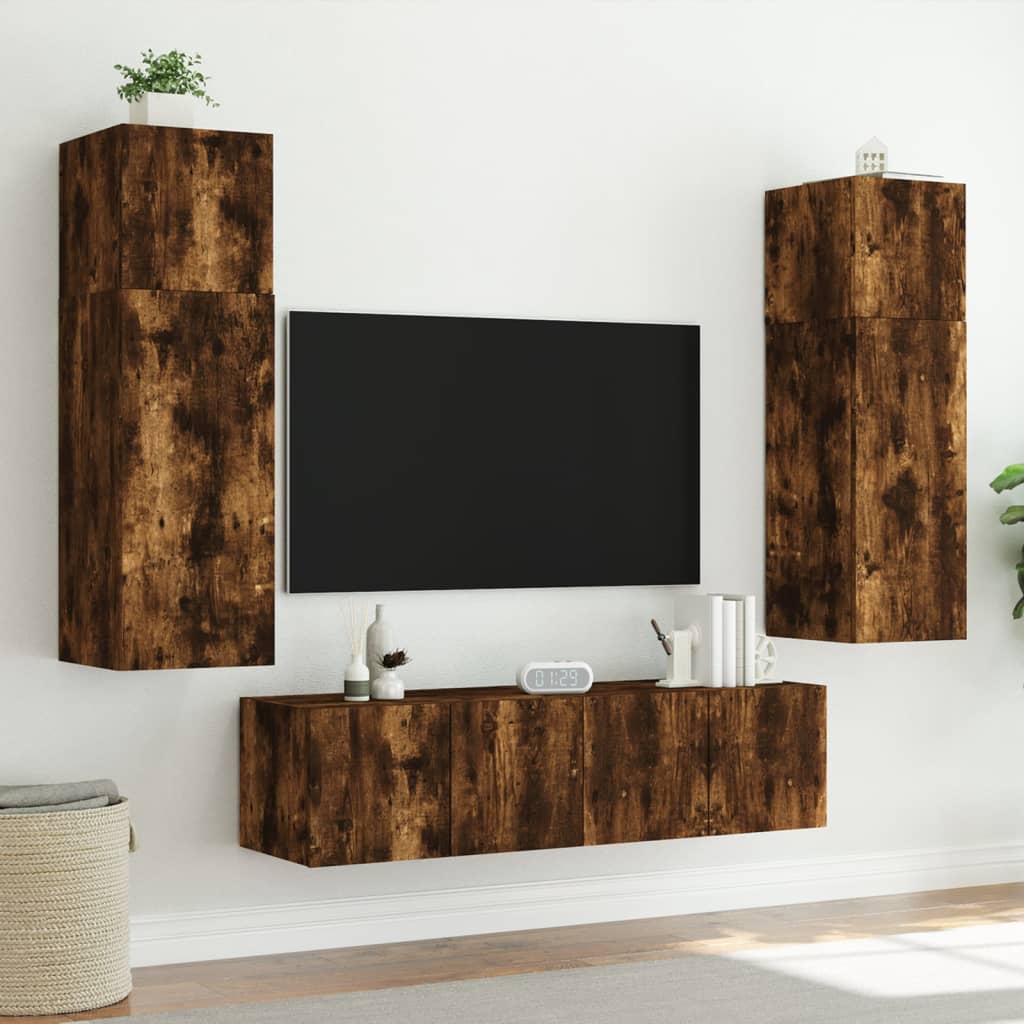 Comodă Tv De Perete Cu Led, 2 Buc. Stejar Fumuriu, 80X35X Stejar Afumat