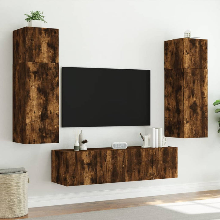 Comodă Tv De Perete Cu Led, 2 Buc. Stejar Fumuriu, 80X35X Stejar Afumat