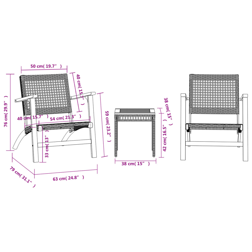 Set Mobilier Bistro, 3 Piese, Poliratan /Lemn De Acacia