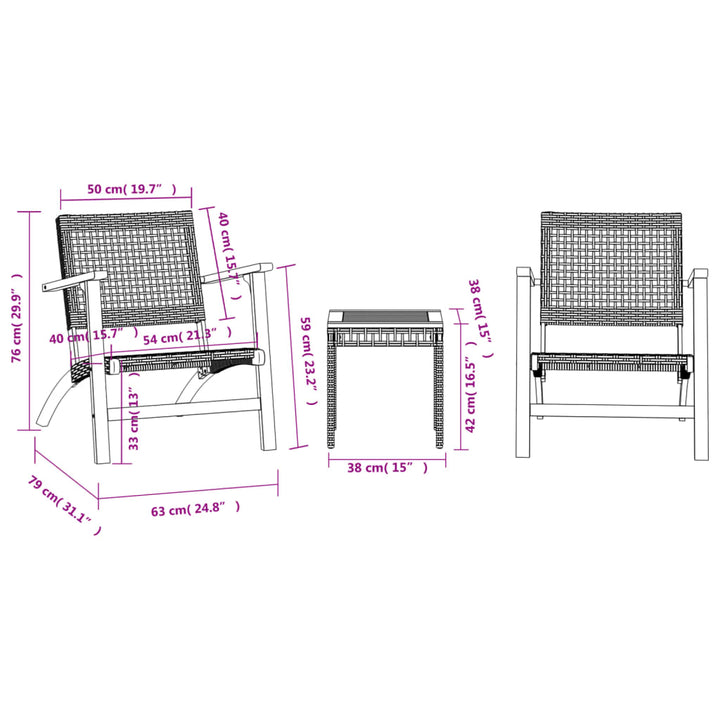 Set Mobilier Bistro, 3 Piese, Poliratan /Lemn De Acacia