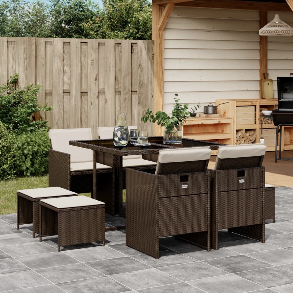 Set Mobilier Grădină Cu Perne, 9 Piese, , Poliratan
