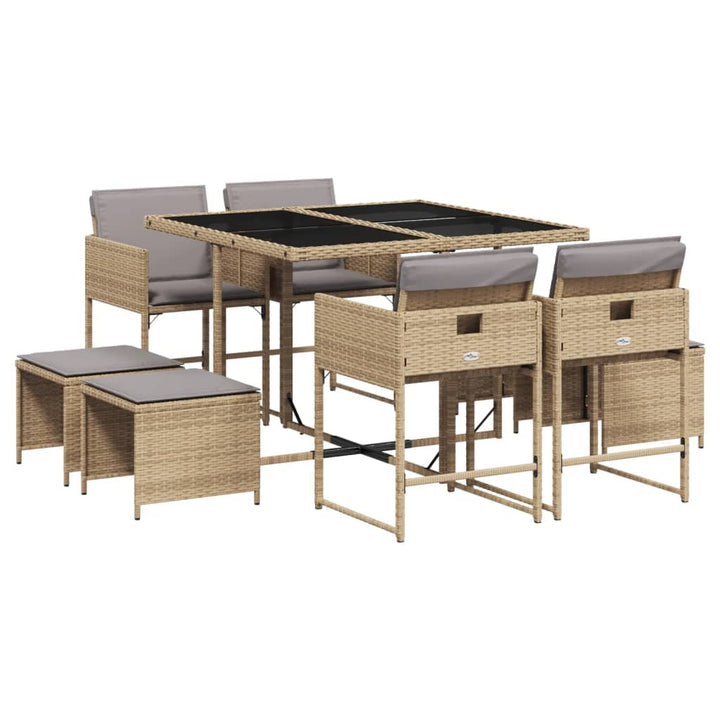 Set De Masă Pentru Grădină, 9 Piese, Cu Perne, Bej, Poliratan