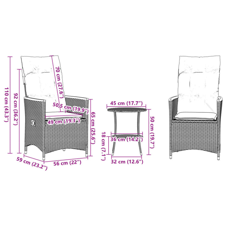 Set Bistro De Grădină Cu Perne, 3 Piese, , Poliratan